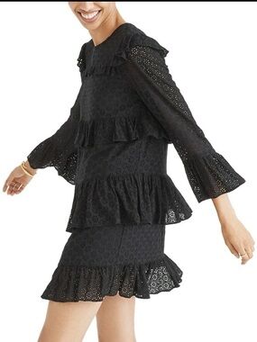 Madewell black 3 tiered eyelet 3/4 sleeves mini dress size 12